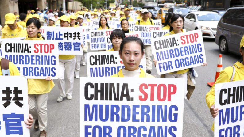 I praticanti della Falun Dafa sorreggono dei cartelli in una parata per portare consapevolezza sulla brutale procedura del prelievo forzato di organi in Cina, Manhattan, New York, 16 maggio 2019. (Samira Bouaou/The Epoch Times)