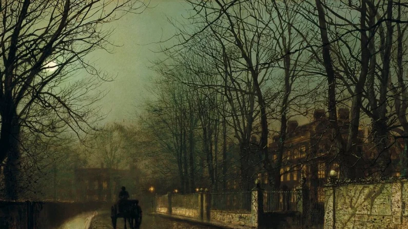 A Wet Moon Putney Road, 1886, di John Atkinson Grimshaw. Olio su tela; Pubblico dominio