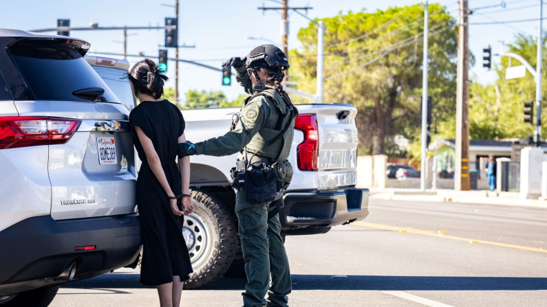 Una donna viene arrestata per aver partecipato a un'operazione illegale  (John Fredricks/The Epoch Times)