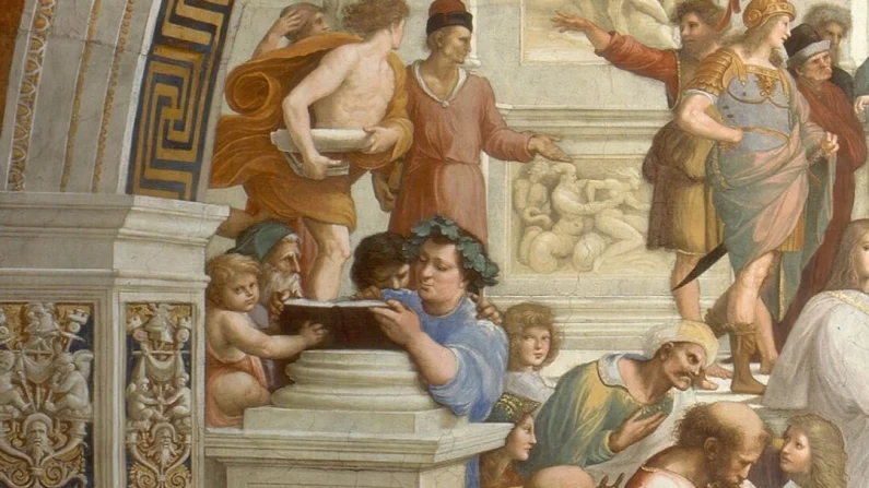 Un dettaglio della “Scuola di Atene” di Raffaello. Il filosofo greco Epicuro (in blu, al centro) è noto per aver promosso la ricerca del piacere, ma c'è molto di più di quanto si possa immaginare (pubblico dominio).